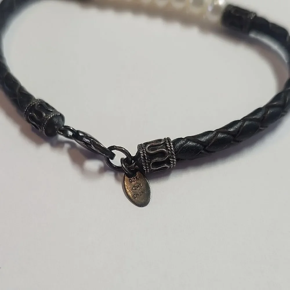 IWI Jewelers Cultured Pearl / Sterling Silver Braided Leather Band Bracelet 6.5
